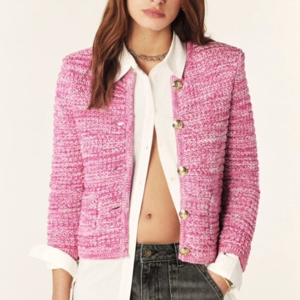 ba&sh Guspa Pink Knit Cardigan with Gold Buttons